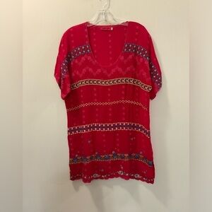 Johnny Was Red Multicolor Embroidered Eyelet Short Sleeve Top Size Small